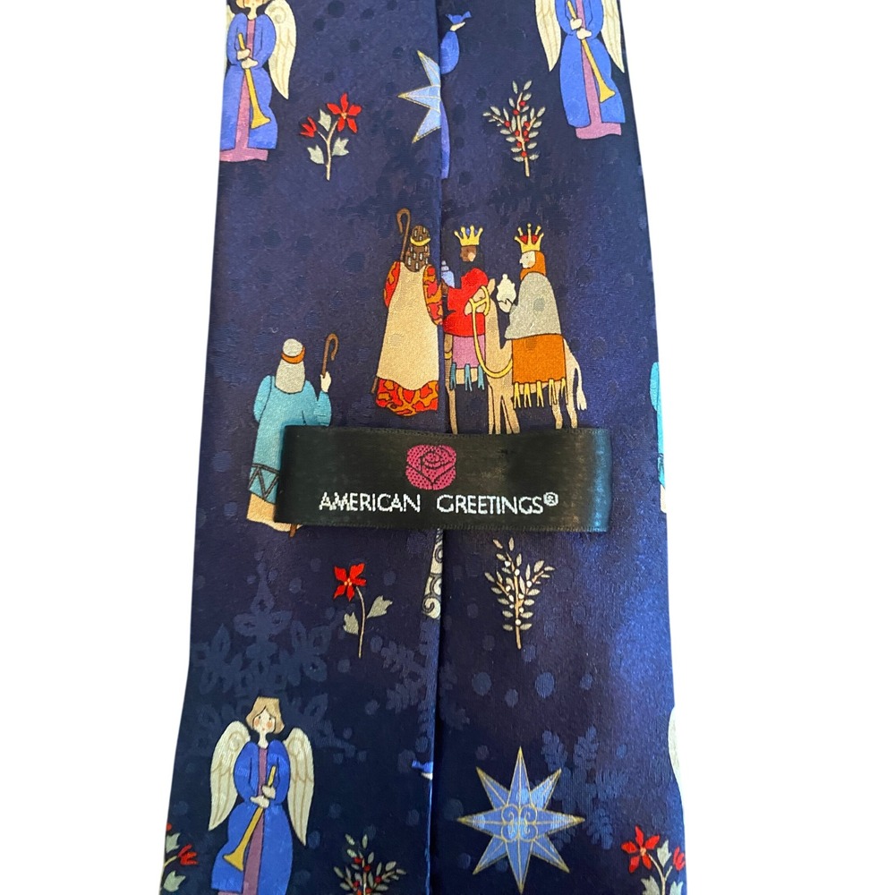 American Greetings Mens Silk Tie Nativity Christmas Angels Wise‎ Men Navy Blue